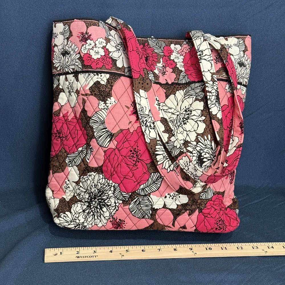 Vera Bradley Floral Tote Bag Pink Brown Quilted Large Shoulder Bag Cotton